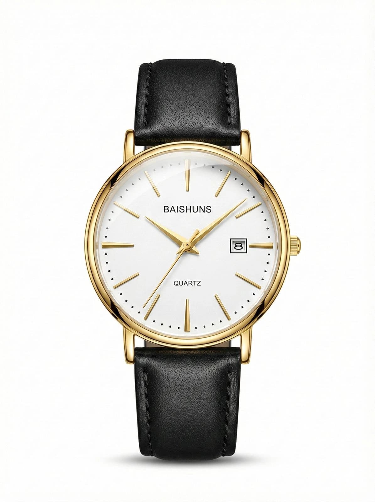 BAISHUNS Quartz Watch – Gold Case & Black Leather Strap