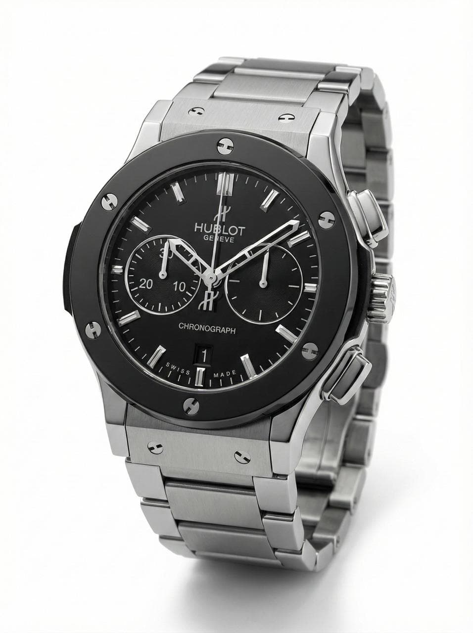 Hublot Chronograph Quartz Watch – Black Dial & Steel Bracelet